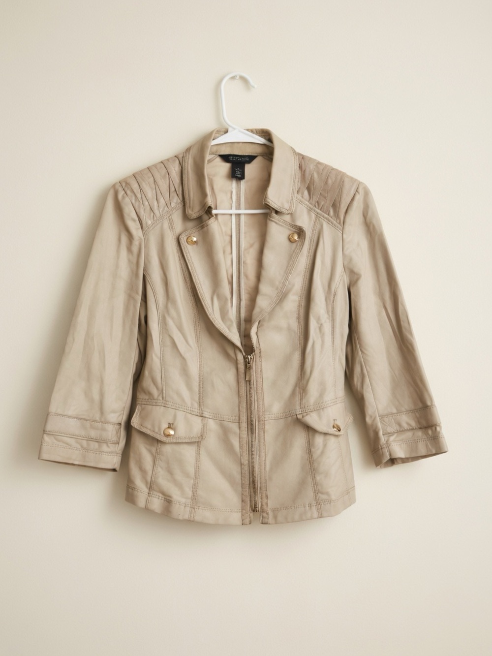 White House Black Market Beige Leather Moto Jacket with Quilted Shoulders